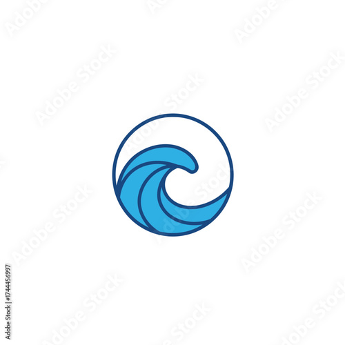 Clean Flat Design Blue Ocean Wave Vector Illustration in Circular Frame