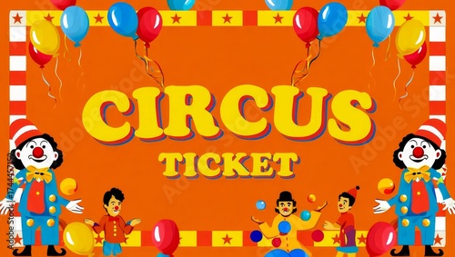 A colorful vintage circus ticket. Striped circus tent in the center, decorative elements.