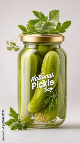 A jar of pickles celebrating National Pickle Day with fresh herbs.