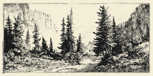 Vector mountain set illustration. Detailed vintage engraving for stock use and print projects