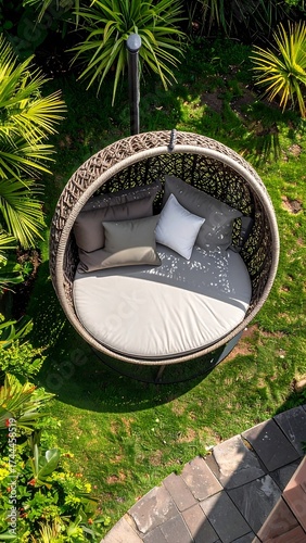 Elevated view of a round, hanging outdoor bed.  Beige cushions rest on the woven wicker. Lush green grass and foliage surround it