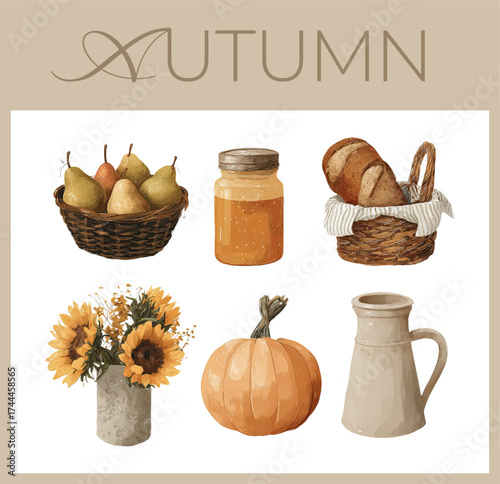 Autumn watercolor vector set. Pears, honey, bread, sunflowers, pumpkin, jug in warm seasonal color. Hand drawn gouache illustration collection