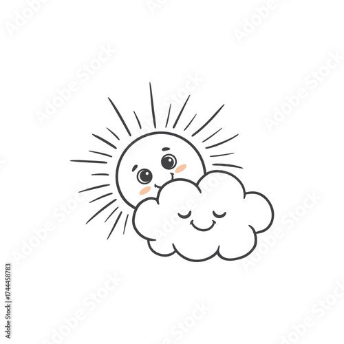  Cute cartoon sun wiht cloud. Funny sun character isolated on white background. Coloring. Vector illustrations 