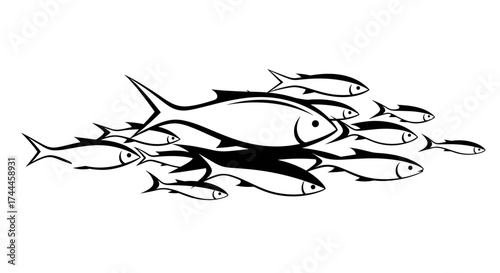 A dynamic school of fish swimming together in a black and white illustration.