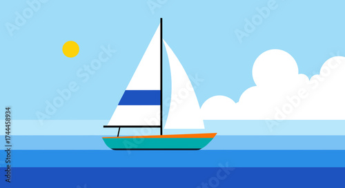 A serene sailboat glides across the calm blue ocean under a bright sunny sky.