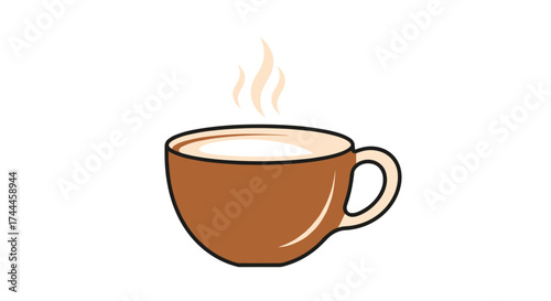 A steaming cup of coffee with a handle.
