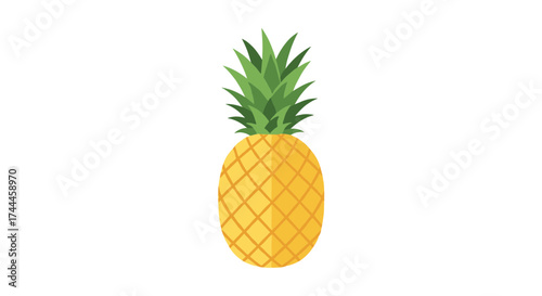 A whole ripe pineapple with green leaves on a white background.