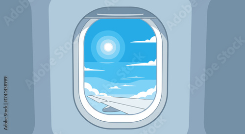 Airplane Window View of Sky and Clouds.