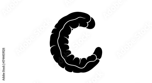 Black and white illustration of a stylized letter C resembling an intestine or a worm on a plain white background.