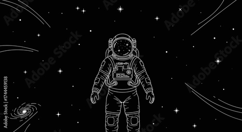 Black and white line art of an astronaut floating in space.