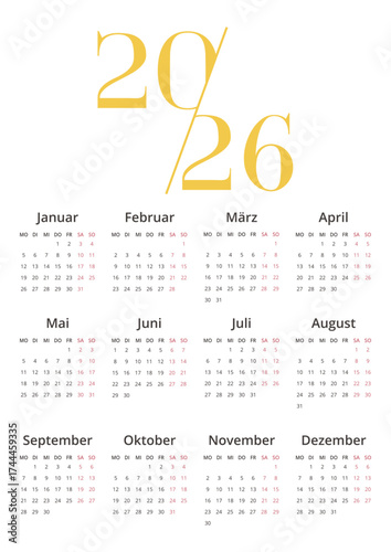 Modern German 2026 year calendar vertical page template with 12 month. Layout deutsch yearly planner