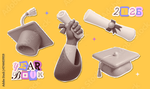 Trendy halftone collage stickers set with hands holding diploma, graduation cap, rolled paper with ribbon and torn out paper lettering. Happy graduation day elements . Modern retro style. Vector .