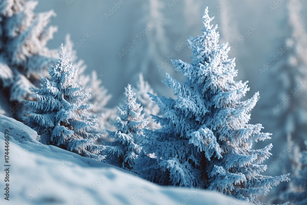 Obraz premium Frosted pine trees stand majestically in a snowy forest scene, capturing the serene beauty of winter on a clear morning just after sunrise