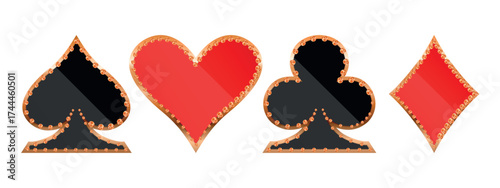 Suit deck of playing cards. Casino icons. Pictograms representing various suits. Vector illustration. Flat design for modern visual elements.
