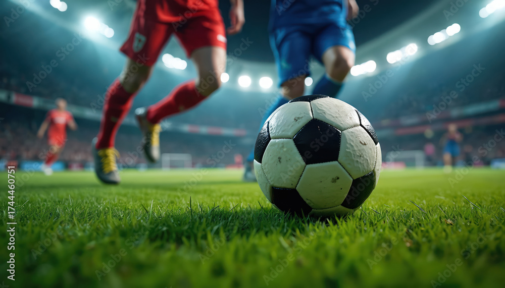 Fototapeta premium Soccer ball rests on green grass field during night match. Players in red and blue uniforms run past under bright stadium lights. Intense competition unfolds on the pitch.