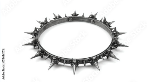 This striking black spiked collar features sharp metal spikes arranged around its circumference highlighting a bold and edgy design suitable for fashion statements or pet accessories.