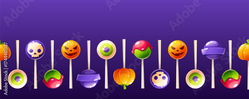 Seamless border of Halloween lollipops on a dark background. Sweets and candies of various colors and shapes. Festival poster, banner template.