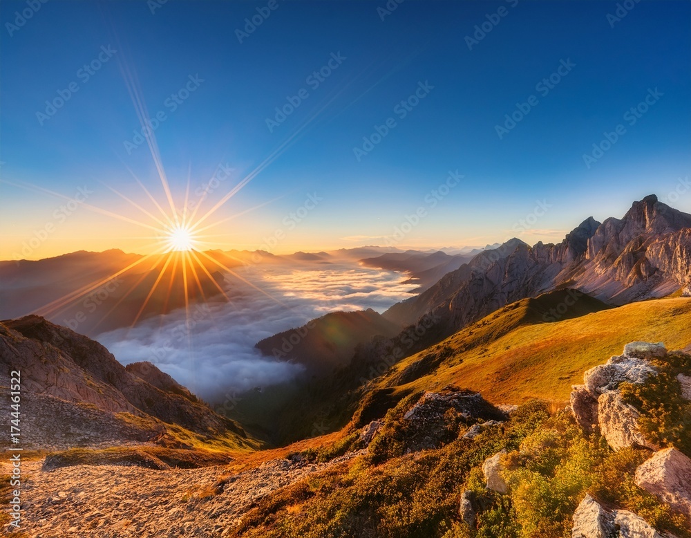 Obraz premium breathtaking sunrise over majestic mountain peaks with vibrant sun rays and soft fog in valley below