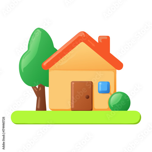 Maison rouge avec pelouse