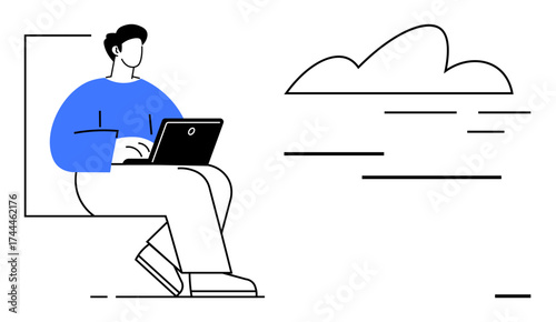 Person seated with a laptop, abstract cloud in the background. Ideal for remote work, cloud computing, digital nomad, online learning, freelancing, minimalism productivity. Simple flat metaphor