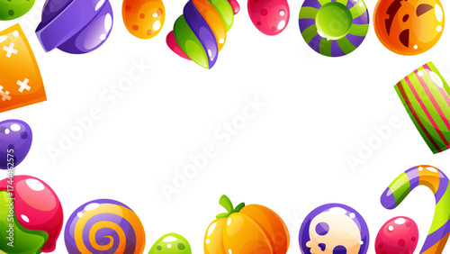 Trick or treat horizontal vector flyer design for Halloween. Happy Halloween. A frame of spooky and scary candies, sweets, and lollipops. Perfect for holiday cards, posters, invitations, and stickers.