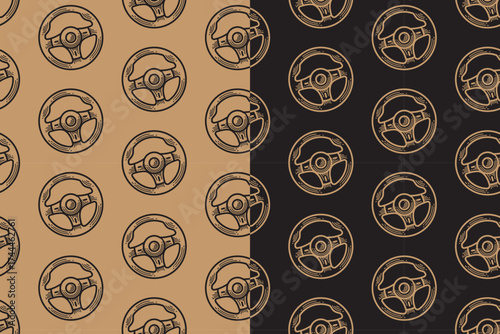Car steering wheel, driving wheel engraving pattern on tan black background set for automotive merchandise. Auto vehicle steering hand drawn doodle isolated motif background pack. Vector illustration