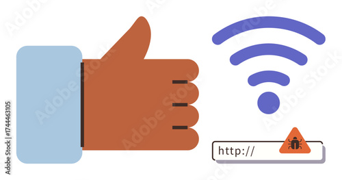 Thumbs-up hand beside wireless signal icon and a URL bar with a bug warning symbol. Ideal for internet reliability, cybersecurity, technology, connectivity, approval, network issues, simple flat