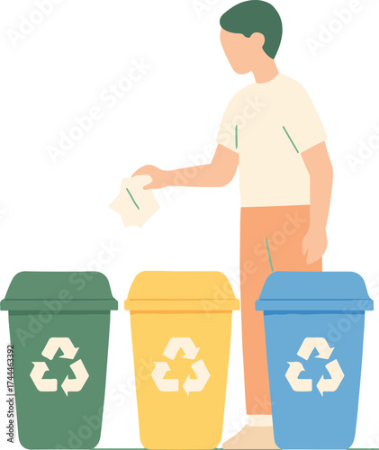 Person recycling waste into colorful bins green yellow blue with recycling symbols