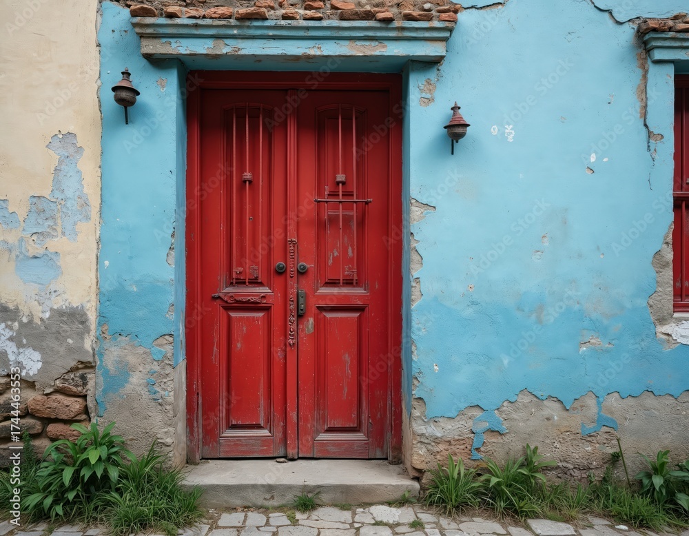 Fototapeta premium Vibrant red double doors stand on a weathered blue wall. Old house exterior shows crumbling plaster and stone details. Green plants grow near the entrance and cobblestone path.