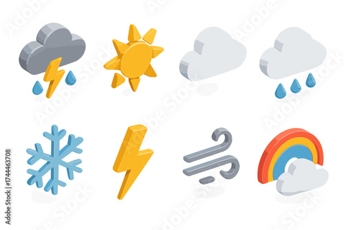 Modern Weather Icons. Weather Icons set icons in flat vector style. Storm, sun, cloud, rain, snowflake, lightning, wind, rainbow