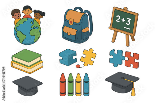 Educational Icons Collection. Educational World Children’s Day set icons in flat vector style. Globe with children, school bag, chalkboard, book stack, puzzle pieces, crayons