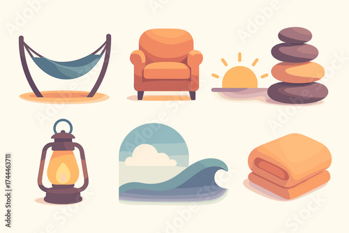 Serene Restful Icons. Quiet Rest set of icons in gradient flat hammock in shade, cushioned chair, sunrise horizon, smooth pebble stack, glowing lantern, serene sky, gentle wave