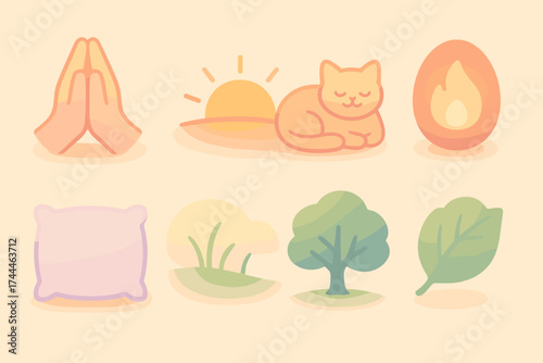 Serene Icon Set. Tender Calm set of icons in gradient flat folded hands, sunrise horizon, relaxed cat, glowing ember, soft pillow, quiet meadow, shaded tree, floating leaf