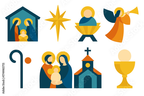 Geometric Christmas Icons. Religious Christmas Day set of icons in geometric flat vector. Nativity scene, shining star of Bethlehem, baby Jesus in manger, angel with trumpet