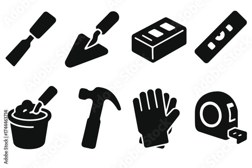Brutalist Masonry Icons. Masonry Tools set of icons silhouette. Chisel, trowel, brick, level, mortar, hammer, gloves, measuring tape