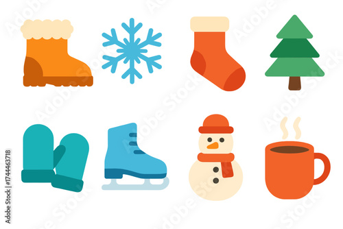 Winter Icon Collection. Winter boots in modern flat. Fur-lined boots, snowflake, wool socks, pine tree, mittens, ice skate, snowman, hot cocoa mug.
