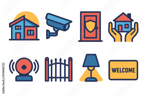 Modern Home Security. Safe home in modern flat. Modern house, security camera, shielded door, hands holding house, safety alarm, protective gate, night lamp, welcome mat.