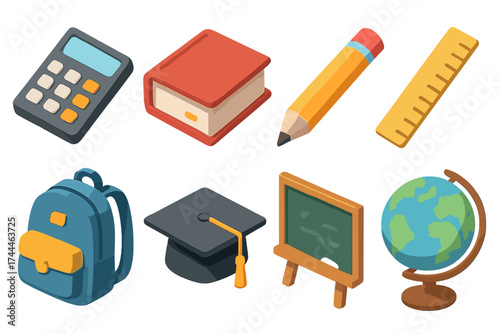 Isometric Education Icons. Education Icons set icons in flat vector style. Calculator, book, pencil, ruler, backpack, graduation cap, chalkboard, globe