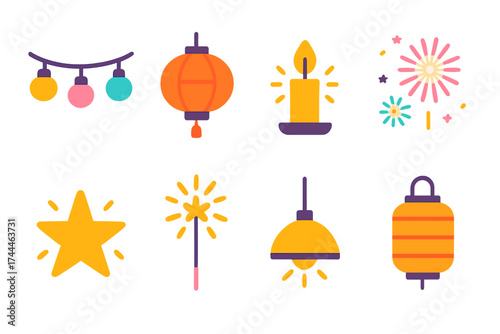 Vibrant Festival Icons. Festival lights in modern flat. String lights, lantern, candle, fireworks, glowing star, sparkler, hanging lamp, paper lantern.