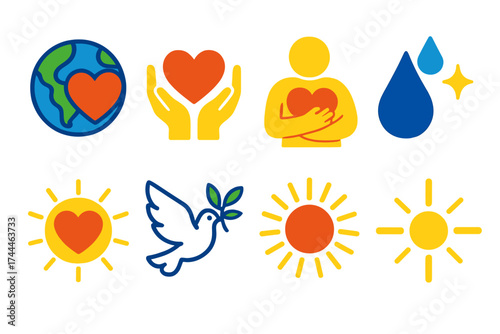 Symbols of Compassion. Compassion sign in modern flat. Globe with heart, caring hands, star glow, person hugging heart, water droplet, radiant aura, dove carrying branch, light