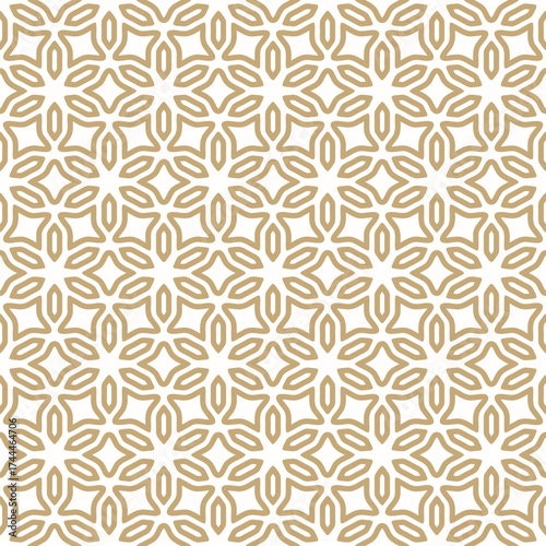 Abstract golden floral geometric ornament in oriental style. Luxury vector seamless pattern. Gold and white background texture with flower silhouettes, grid, lattice. Simple repeated oriental design