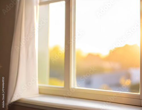 A soft, warm light streams through a window, illuminating a sheer curtain and a windowsill. The blurred background shows a sunset over trees and buildings, creating a peaceful, cozy atmosphere. 