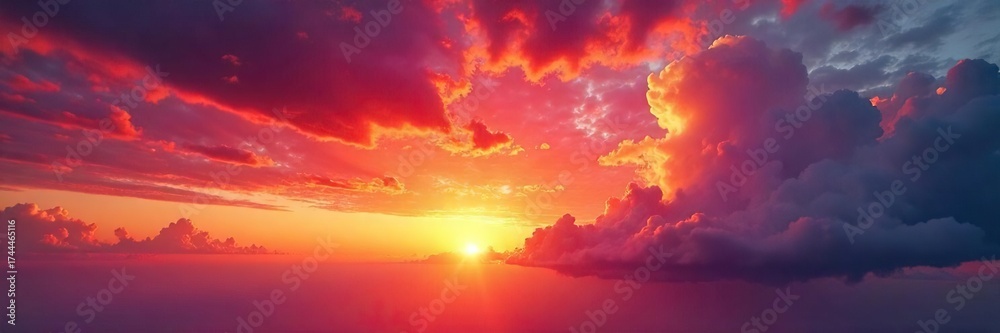 Fototapeta premium Breathtaking Fiery Sunset Vibrant Orange, Red, and Purple Sky over Dramatic Cloudscape, Perfect for Travel and Nature Photography