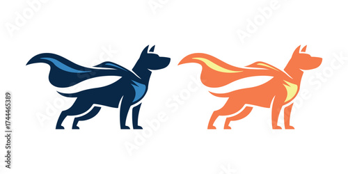 Super Dog Mascot Logo Vector in Blue and Orange with Cape for Pet and Security Brands