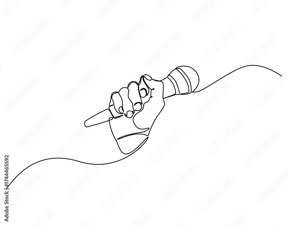 Fototapeta premium Continuous line drawing of hand holding microphone. Single line illustration of man with microphone. Reporter, media concept. Editable outline