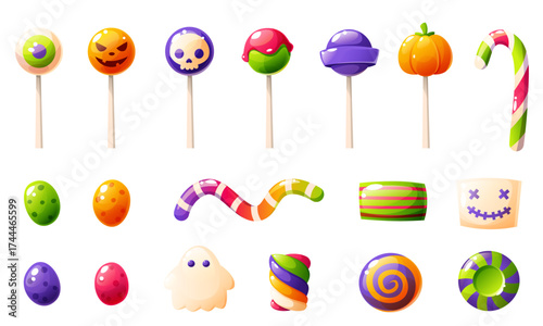 A large assortment of Halloween lollipops, candies, and sweets. Ghost shaped, worm shaped, skull shaped, striped, and on a stick. Sweets come in a variety of shapes and colors. Trick or treat.