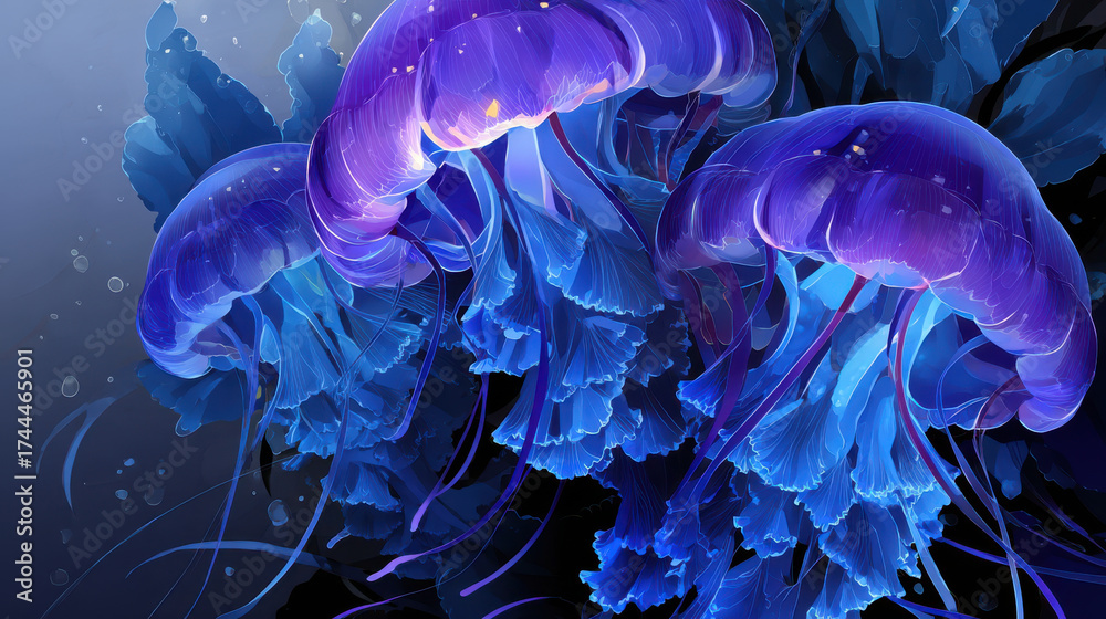 Obraz premium Experimental ocean design showcases vibrant jellyfish with luminous tentacles and flowing forms creating mesmerizing underwater scene