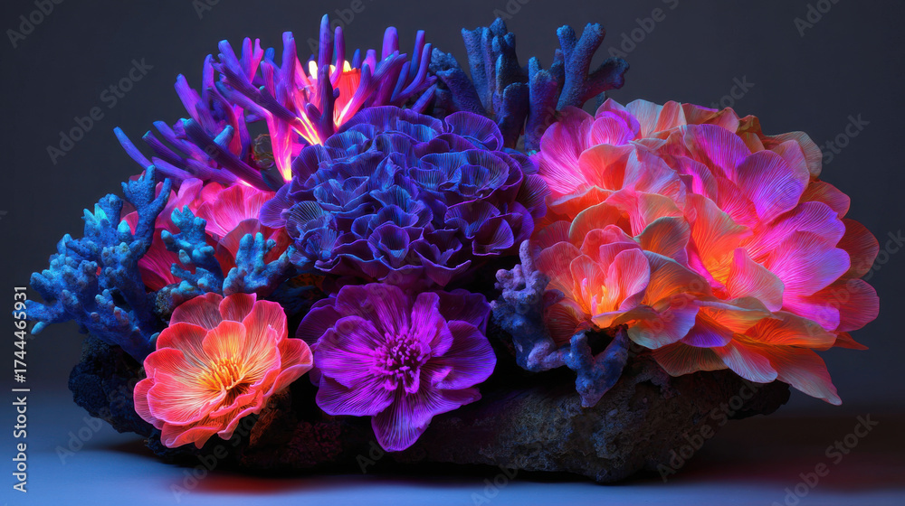 Obraz premium Vibrant display of synthetic life creation showcases colorful flowers and corals, illuminating beauty of artificial nature in stunning arrangement