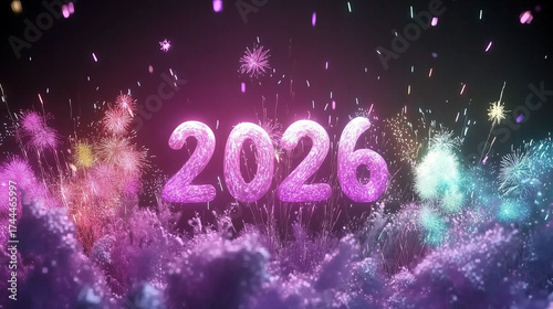 Wallpaper Mural Numbers '2026' and colorful fireworks on dark background. New Year banner or card Torontodigital.ca