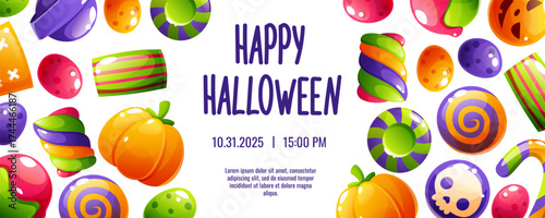 A horizontal vector flyer design for Halloween trick or treating. Happy Halloween. Spooky and scary candies, sweets, and lollipops. Perfect for holiday cards, posters, invitations, and stickers.